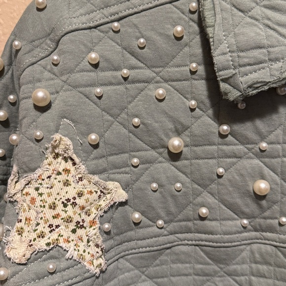 POL Seafoam Green Quilted Jacket with Star patchwork & pearl embellishment boho - Picture 4 of 13